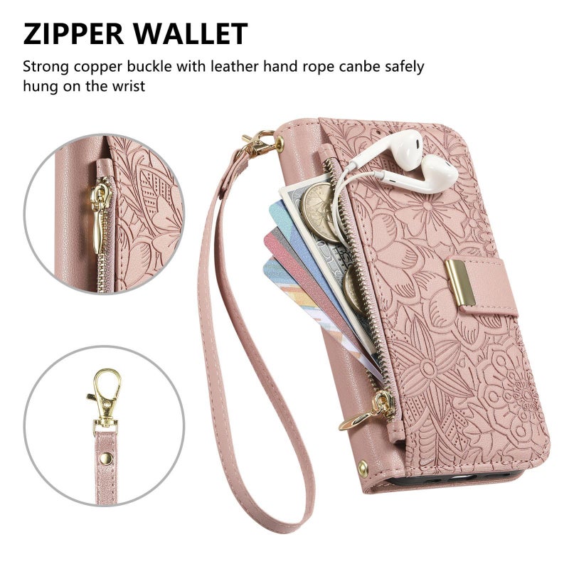 erorex For Realme C63 4G Flowers Leaves Zipper Wallet Leather Phone Case with Strap(Pink) - Image 5