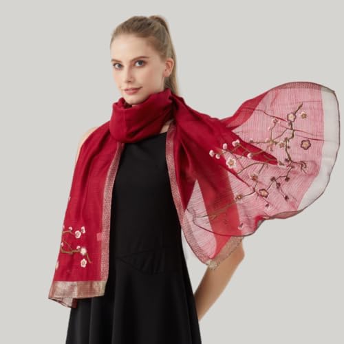 WINCESS.YU WINCESS YU Women Mulberry Silk Scarf Long & Large Embroidered Floral Pattern Shawl and Wraps Neckerchief for Hair & Neck - Image 2