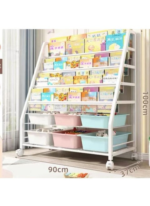 Kids Bookshelf With Storage Bins 4Tier Metal Bookcases Rack On Display 2Tier Storage Organizer With 6 Boxes Childrens Toy Storage Rack Toy Box Organizer (A)