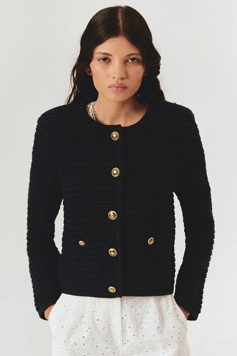 EXQUISE Button Detail Cotton Regular Knit Cardigan