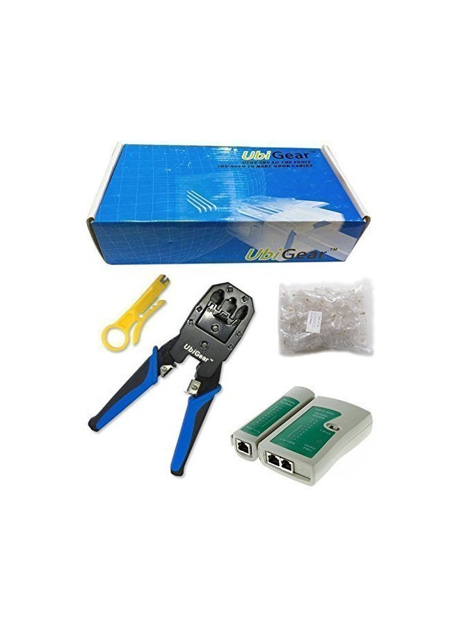 UbiGear UbiGear® Network/Phone Cable Tester + RJ11/RJ12/RJ22/RJ45 Crimp Crimper +100 RJ45 CAT5 CAT5e Connector Plug Network Tool Kits (Crimper315)  - Image 1