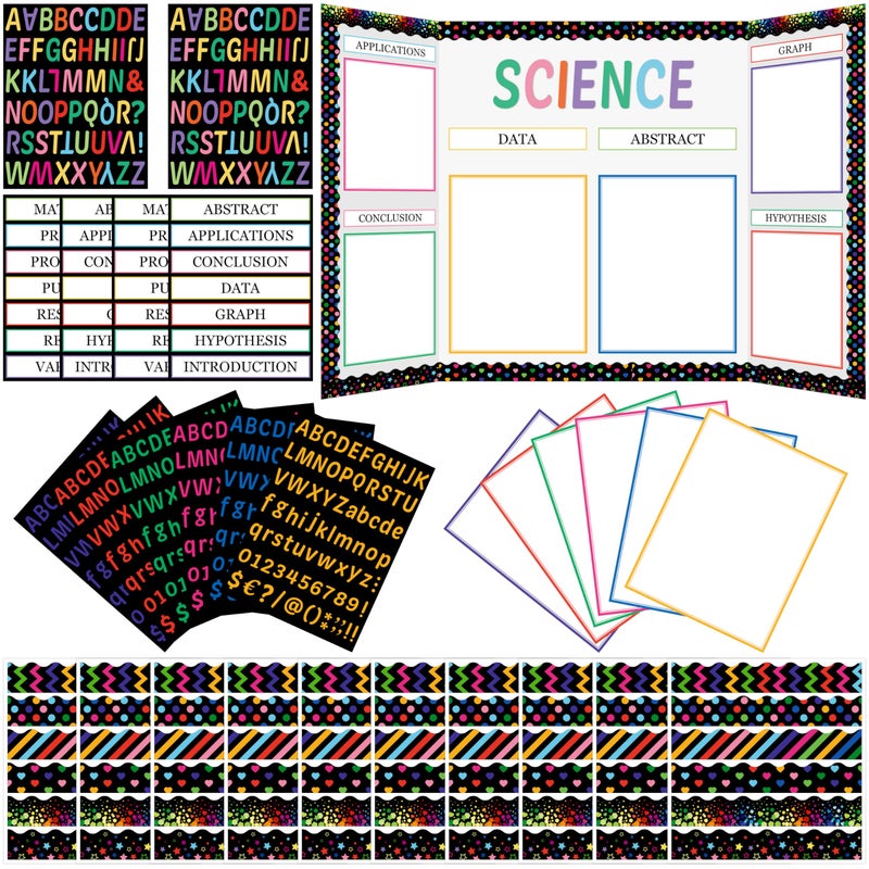 WATINC Science Fair Board Supplies, 96Pcs Self Adhesive Science Fair Project Set with 8 Letter Sticker 10 Presentation Subtitles, Bulletin Border Poster Decor for Classroom (Black) - Image 1
