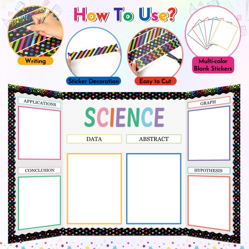 WATINC Science Fair Board Supplies, 96Pcs Self Adhesive Science Fair Project Set with 8 Letter Sticker 10 Presentation Subtitles, Bulletin Border Poster Decor for Classroom (Black) - Image 3