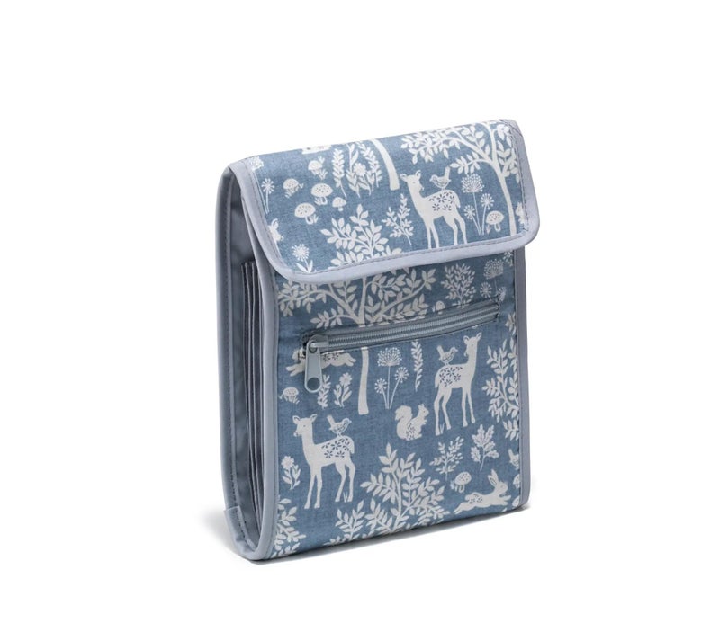 Prym Circular Knitting Needle Case â€“ 9â€ x 7-1/4â€ Fan-Fold Organizer with 10 Pockets, Magnetic Closure & Zip Accessory Pocket - Blue Woodland - Image 1