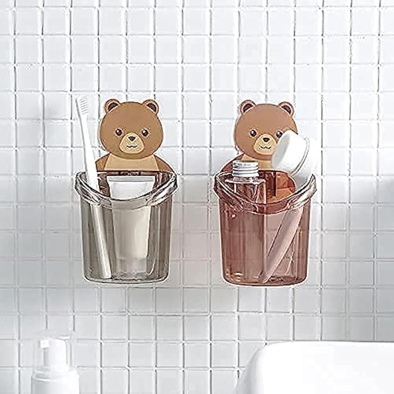 Wall Mount Teddy Bear Toothbrush Holder Multipurpose Cup. ABS Plastic with Strong Adhesive Sticker. Easy Installation. No Nails No Drills (2), Multicolor