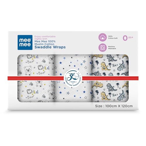 Mee Mee Cotton Muslin Swaddle Wraps – Pack of 3, 100×120 cm | Gentle, Skin-Friendly & Lightweight | Baby Blanket, Nursing & Stroller Cover for Newborns - Image 1