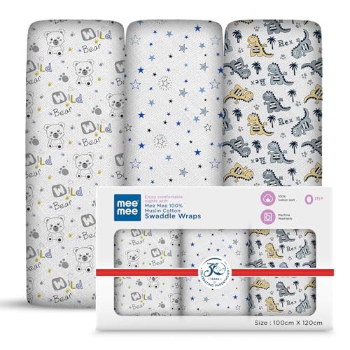 Mee Mee Cotton Muslin Swaddle Wraps – Pack of 3, 100×120 cm | Gentle, Skin-Friendly & Lightweight | Baby Blanket, Nursing & Stroller Cover for Newborns - Image 2