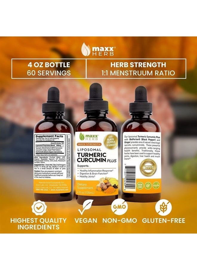 Maxx Herb - Liquid Turmeric Curcumin - Liposomal Turmeric Supplement with Black Pepper BioPerine & Ginger - Max Strength Extract for Joint Health & Digestion – 4 Oz Bottle (60 Servings) - Image 1