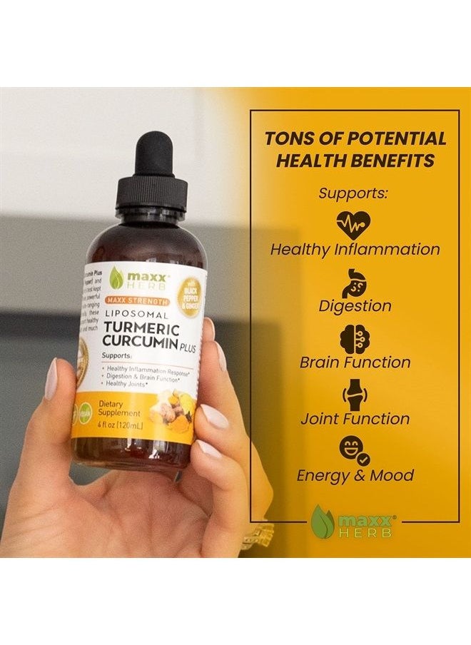 Maxx Herb - Liquid Turmeric Curcumin - Liposomal Turmeric Supplement with Black Pepper BioPerine & Ginger - Max Strength Extract for Joint Health & Digestion – 4 Oz Bottle (60 Servings) - Image 1