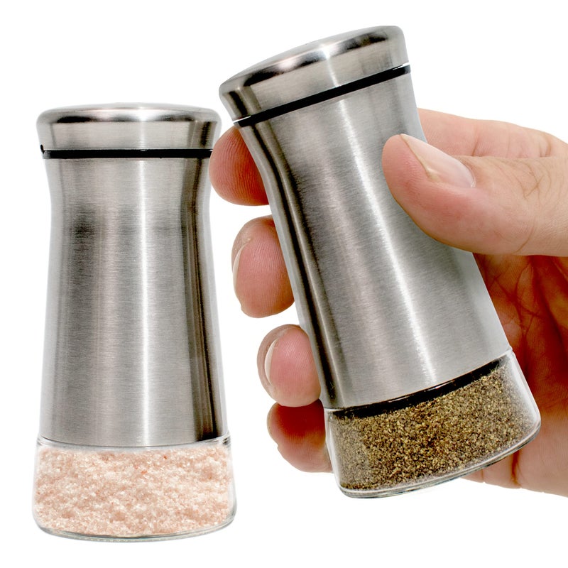 Willow  Everett Salt and Pepper Shaker Set  Stainless Steel  Glass with Adjustable Pour Dial  Ideal for PreGround Spices  Seasoning Blends
