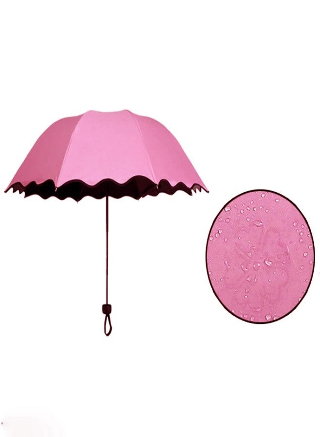 Brain Freezer Magic Color Changing 3 Fold Umbrella with Secret Blossom Print Appears with Water Compact Folding Umbrella for Women Men Kids Stylish UV Rain Protection Multicolor Design (ROSE PINK) - Image 4