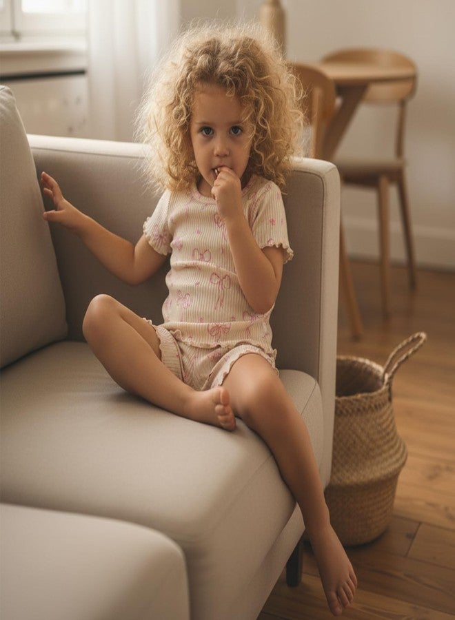 Socutebabe Toddler Baby Girl Summer Clothes Ribbed Knit Cotton Ruffle Short Sleeve T-shirt Tops + Shorts Playwear Outfits (Ribbed Apricot, 2-3T) - Image 2