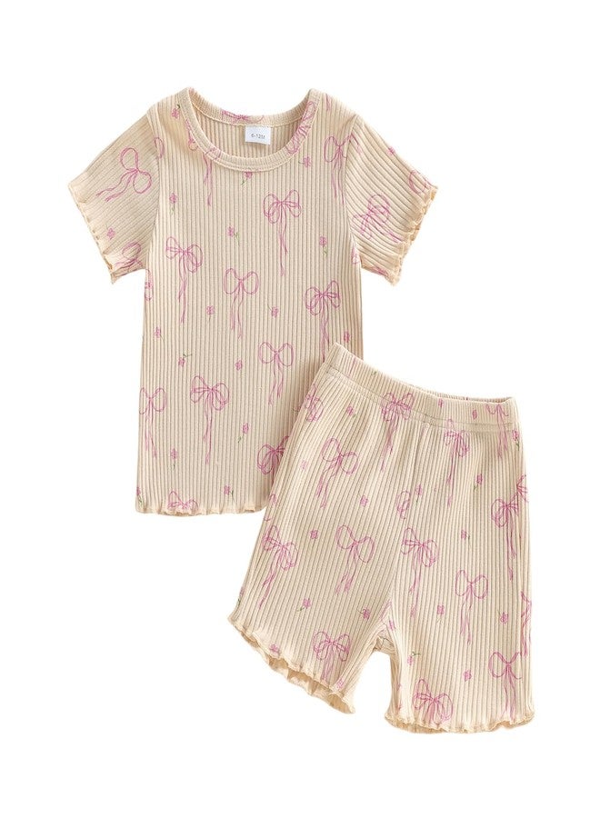 Socutebabe Toddler Baby Girl Summer Clothes Ribbed Knit Cotton Ruffle Short Sleeve T-shirt Tops + Shorts Playwear Outfits (Ribbed Apricot, 2-3T) - Image 1