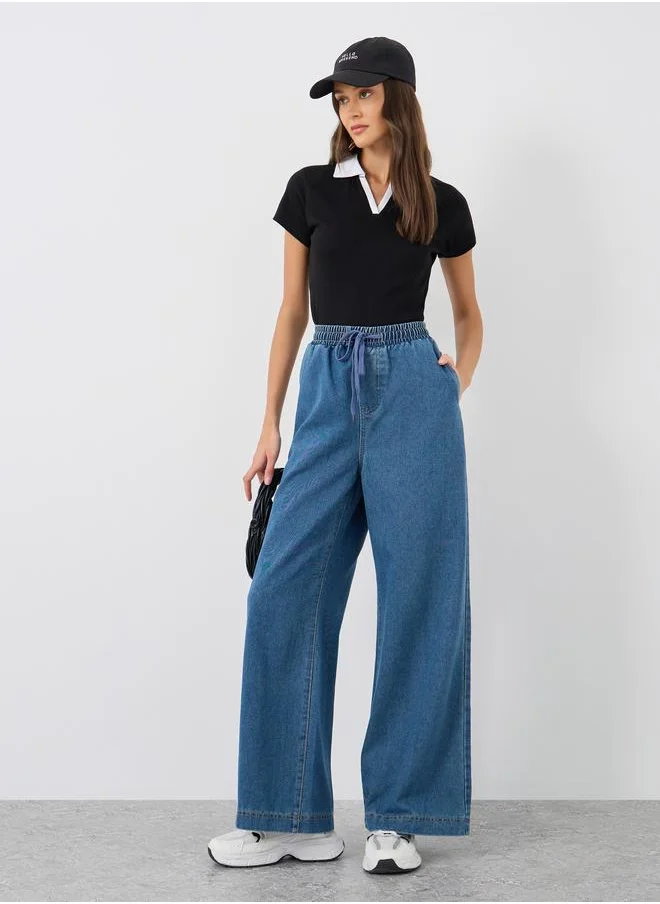 ستايلي Styli Elasticated Waistband Wide Leg Jeans with Drawstring