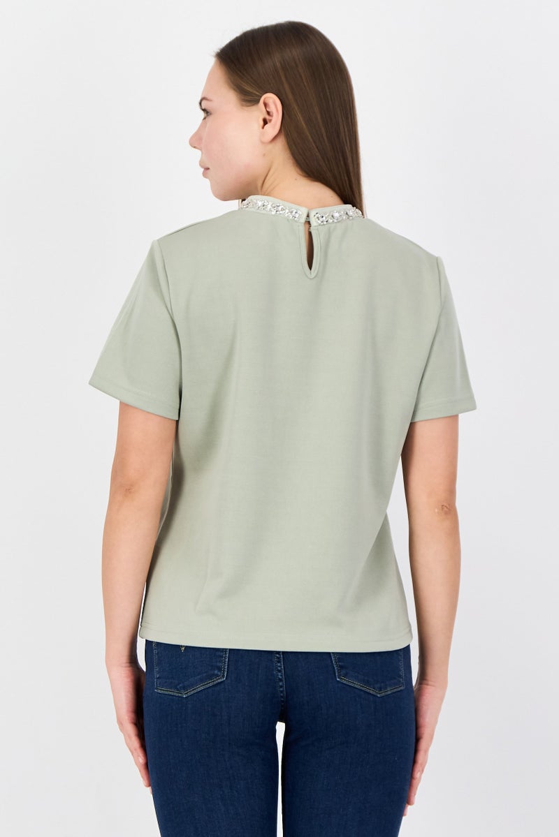 bebe Women Round Neck Short Sleeve Plain Top, Sage Green - Image 3