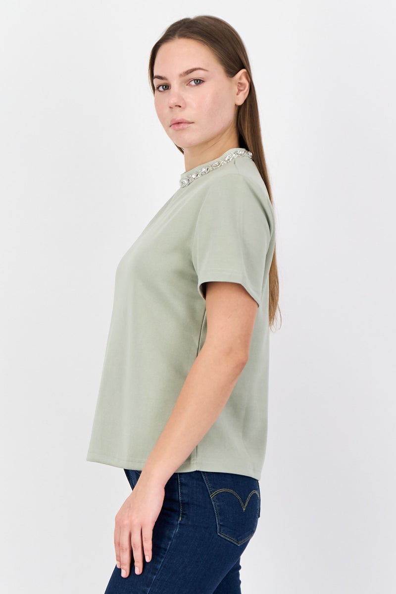 bebe Women Round Neck Short Sleeve Plain Top, Sage Green - Image 2
