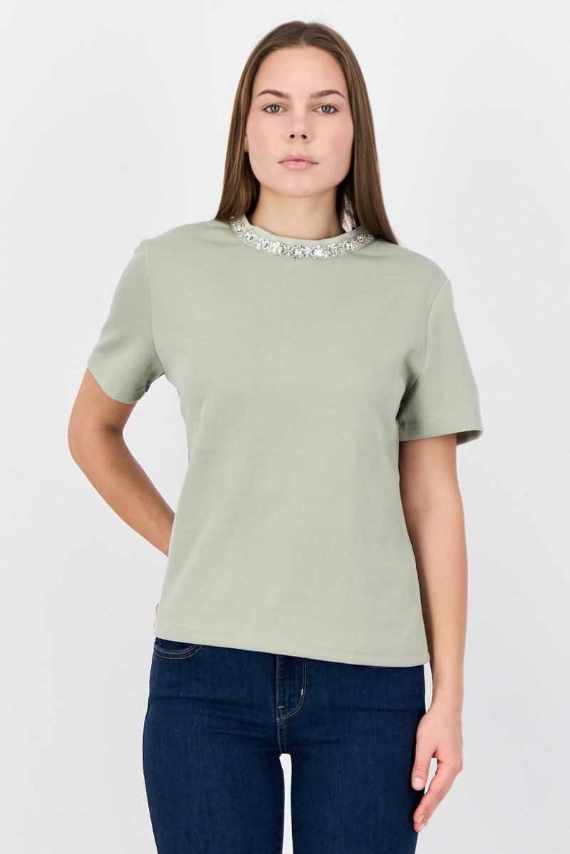 bebe Women Round Neck Short Sleeve Plain Top, Sage Green - Image 1