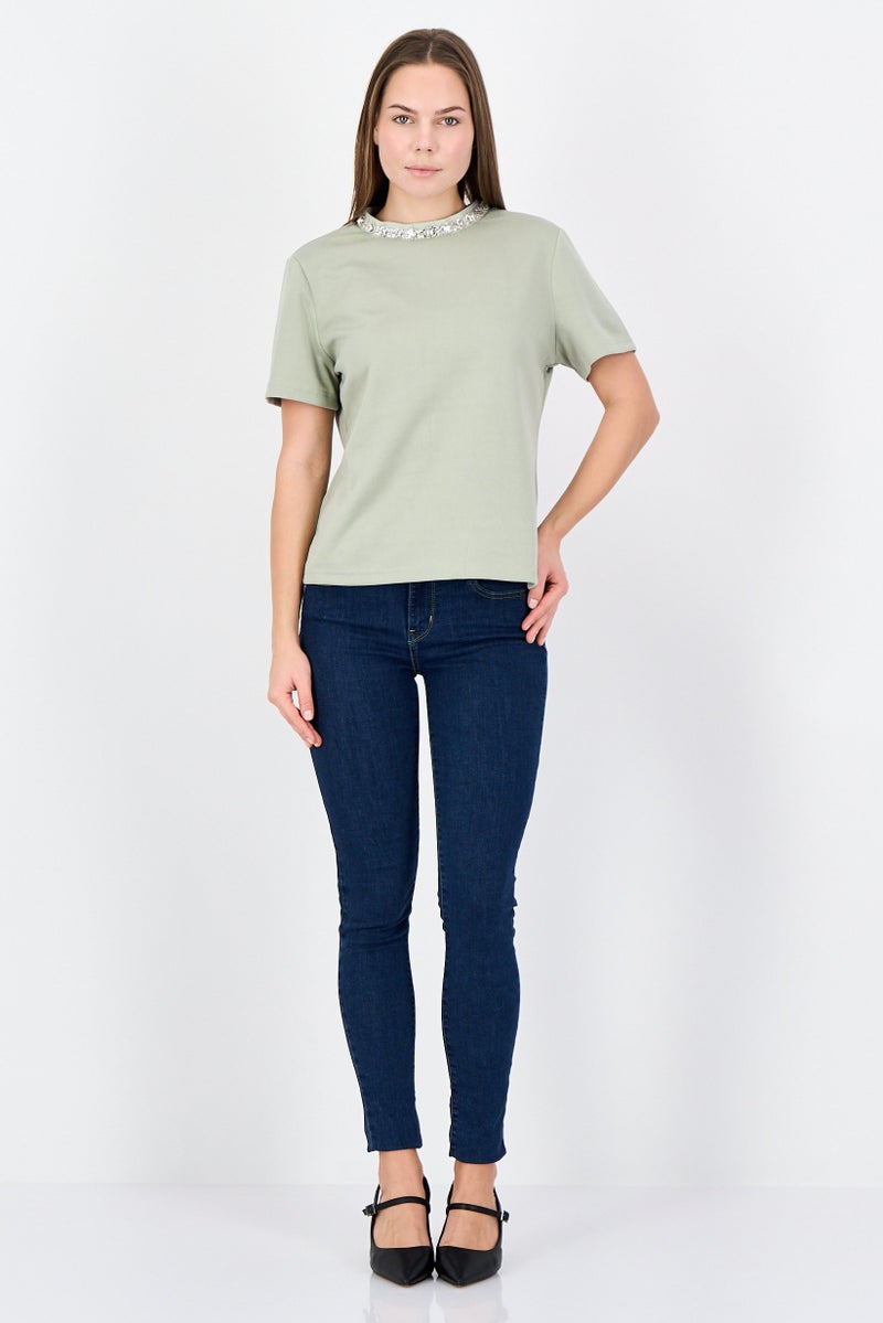 bebe Women Round Neck Short Sleeve Plain Top, Sage Green - Image 4