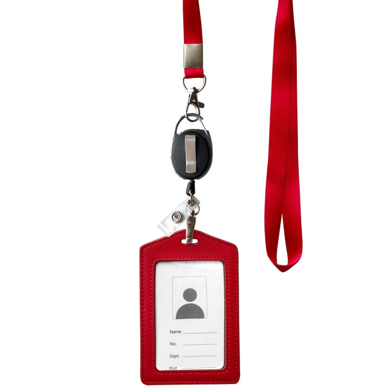 HoAoOo ID Card Case + Heavy Duty Lanyard (Red)+ Badge Holder Retractable Reel Carabiner and Plastic Clip (Soft Genuine Leather Case) - Image 1