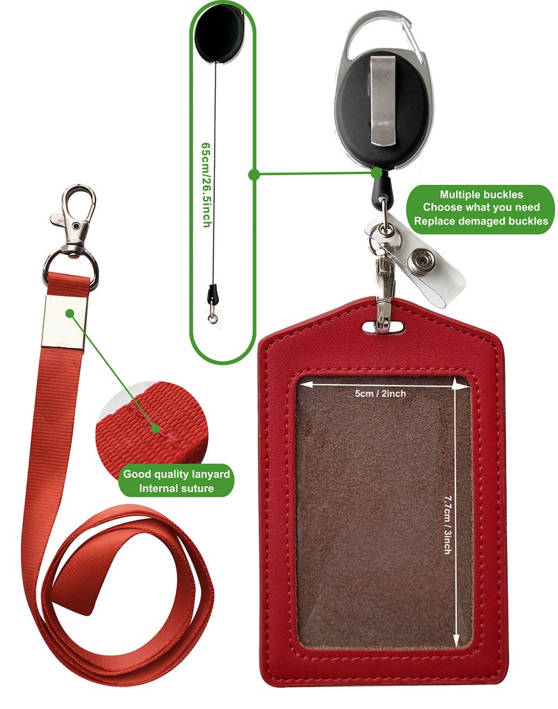 HoAoOo ID Card Case + Heavy Duty Lanyard (Red)+ Badge Holder Retractable Reel Carabiner and Plastic Clip (Soft Genuine Leather Case) - Image 5