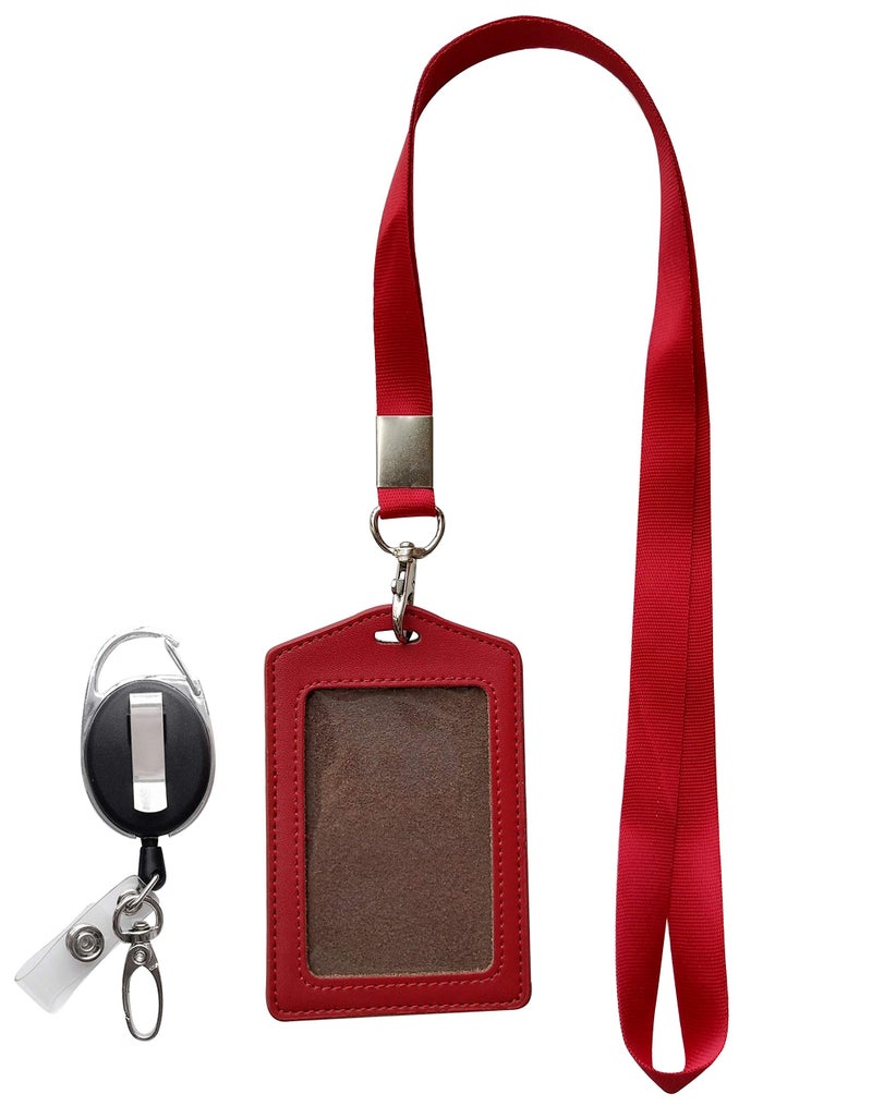 HoAoOo ID Card Case + Heavy Duty Lanyard (Red)+ Badge Holder Retractable Reel Carabiner and Plastic Clip (Soft Genuine Leather Case) - Image 3