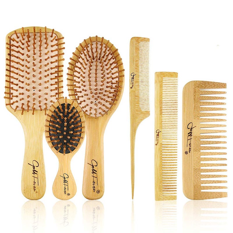 BestFire 6 in 1 Hair Brush Set for Men  Women Bamboo Bristle Hairbrush Tail Comb Double Head Comb 3 Air Cushion Massage Brushes for Scalp Massaging