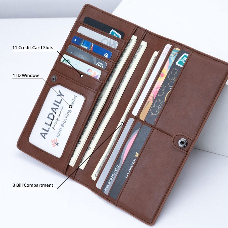 Alldaily Ultra Slim Thin Women Wallet RFID Blocking Credit Card Holder Bifold Long Ladies Billfold (Coffee) - Image 2