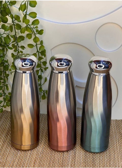 Stainless steel bottle, 2 colors, sealed 304 stainless steel, meaning it will not react with water and drinks, and will not form bacteria because bacteria do not grow on stainless steel. It keeps hot and cold for a very long time with a tightly sealed lid in a variety of colors, extremely elegant and distinctive, and suitable for all tastes. Capacity: 450 ml