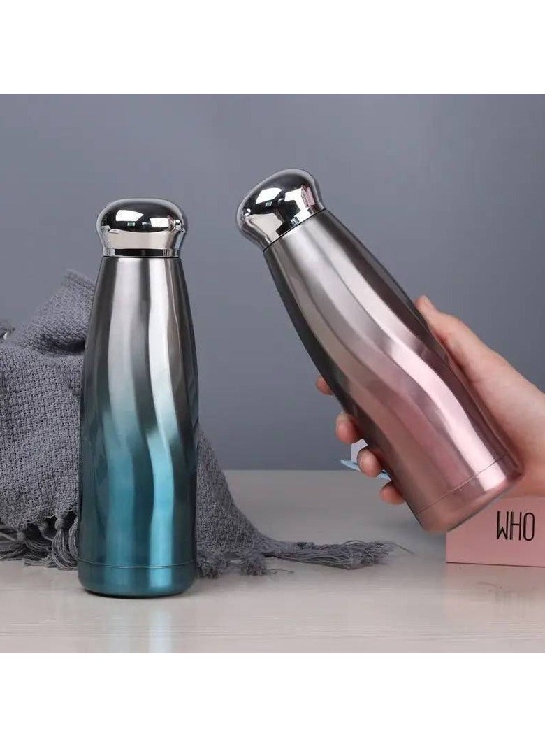 Stainless steel bottle, 2 colors, sealed 304 stainless steel, meaning it will not react with water and drinks, and will not form bacteria because bacteria do not grow on stainless steel. It keeps hot and cold for a very long time with a tightly sealed lid in a variety of colors, extremely elegant and distinctive, and suitable for all tastes. Capacity: 450 ml