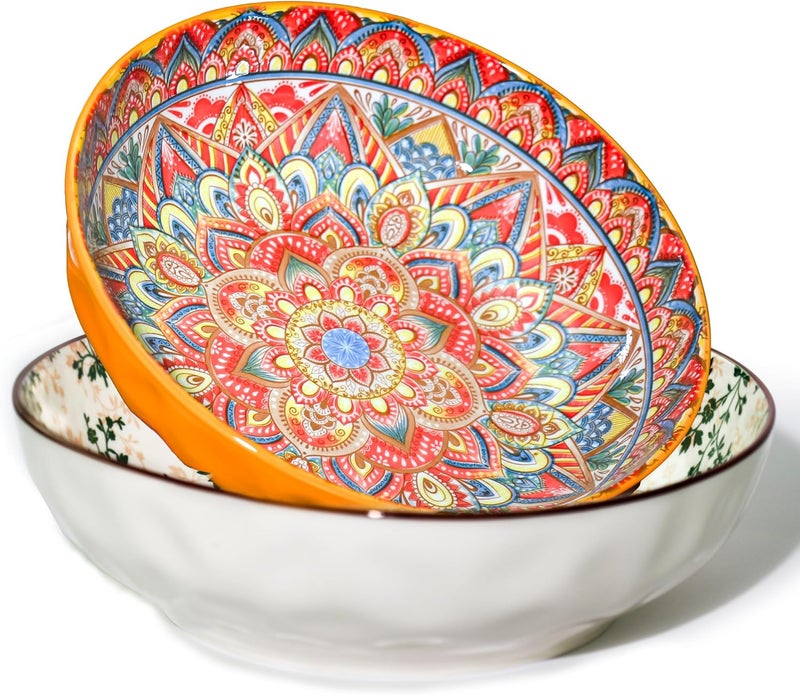 Ronanemon 75 Oz Serving Bowls,Bohemian Style Large Porcelain Dishes for Entertaining Parties,Big Bowls for Eating Soup, Salad, Pasta, Fruit, Chips, 10.3 Inch Diameter (orange Beige) - Image 1