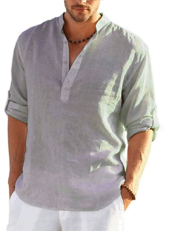 NIBEMINENT Men's Long Sleeve Loose Solid Color Linen Shirt Grey 