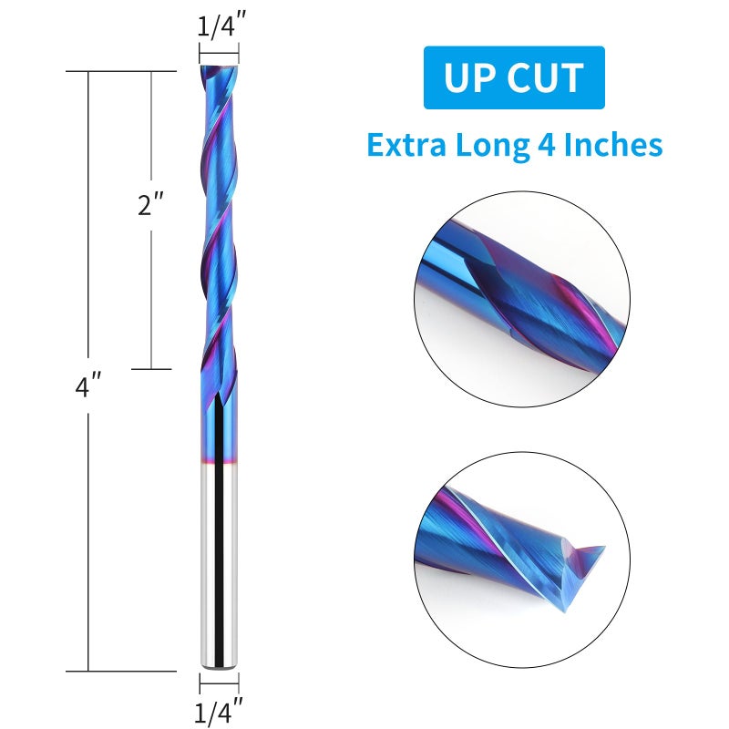 EANOSIC Extra Long 4 Inch Upcut Spiral Router Bit 1/4 Inch Shank, 1/4 Inch Cutting Diameter, Solid Carbide with NACO Coating CNC Router Bits End Mill for Wood Cut, Trimming, Carving - Image 2