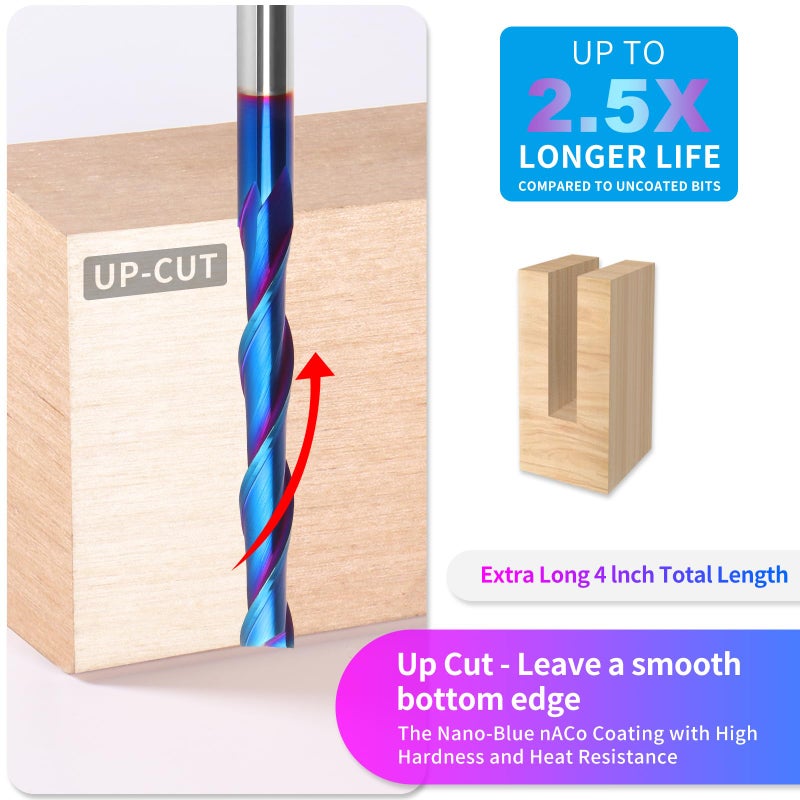 EANOSIC Extra Long 4 Inch Upcut Spiral Router Bit 1/4 Inch Shank, 1/4 Inch Cutting Diameter, Solid Carbide with NACO Coating CNC Router Bits End Mill for Wood Cut, Trimming, Carving - Image 3