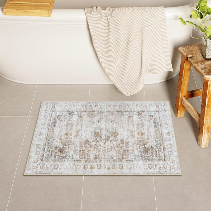 Uphome Boho Small Bath Mat, Distressed Farmhouse Light Khaki Bath Rugs, Comfy Velvet Bathroom Rugs Non Slip Washable, Vintage Oriental Toilet Rug for Sink Shower Vanity, 18x26 inch - Image 1