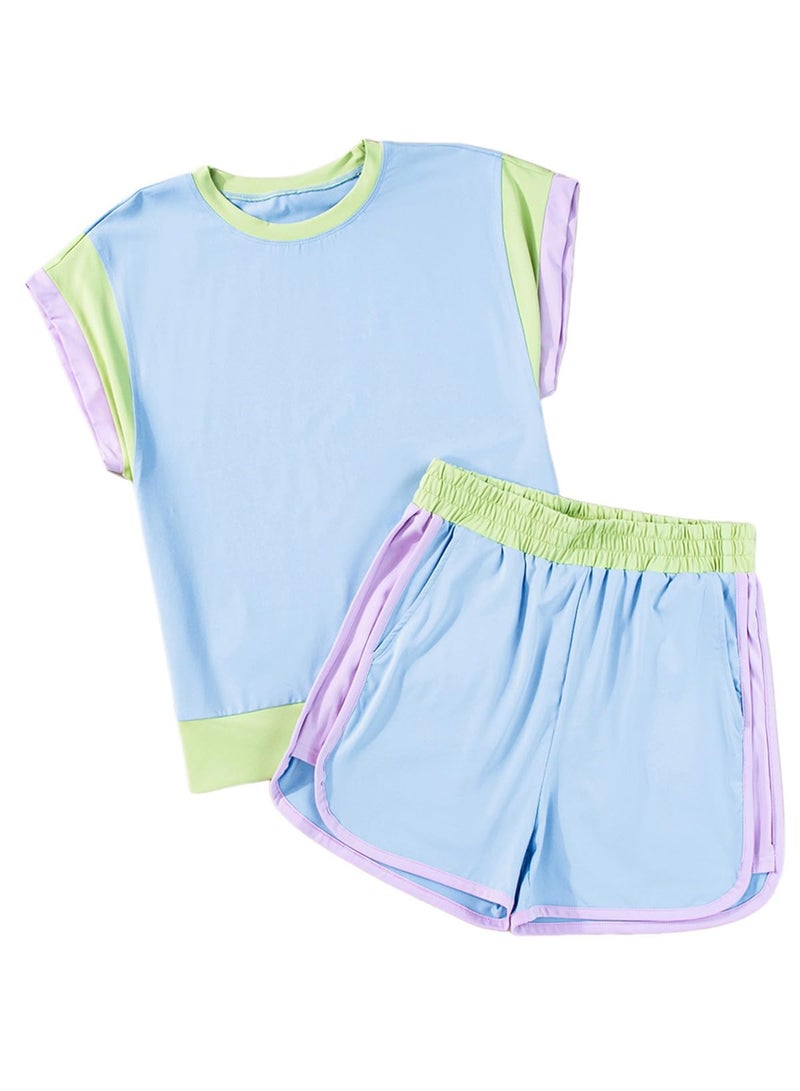 blibean Teen Girls Summer Clothes Sets Little Kids Short Sleeve Matching Outfits Tween Cute Two Piece Shirt Shorts School Clothing Pockets Tshirts Tops Dress Rompers Size 6-7 Years Old Sky Blue - Image 1