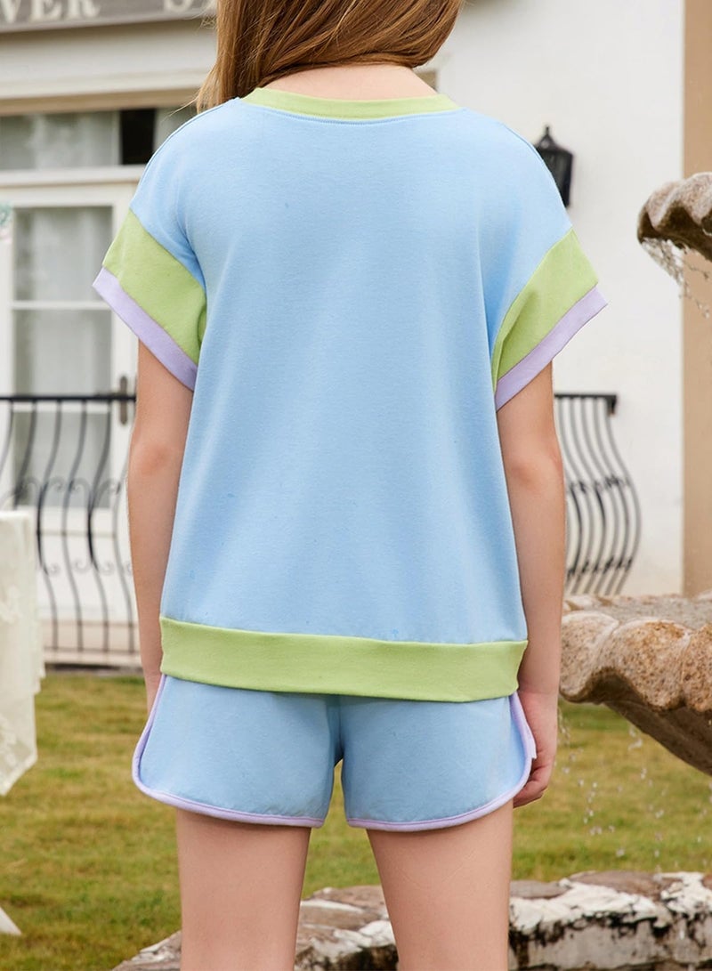blibean Teen Girls Summer Clothes Sets Little Kids Short Sleeve Matching Outfits Tween Cute Two Piece Shirt Shorts School Clothing Pockets Tshirts Tops Dress Rompers Size 6-7 Years Old Sky Blue - Image 3