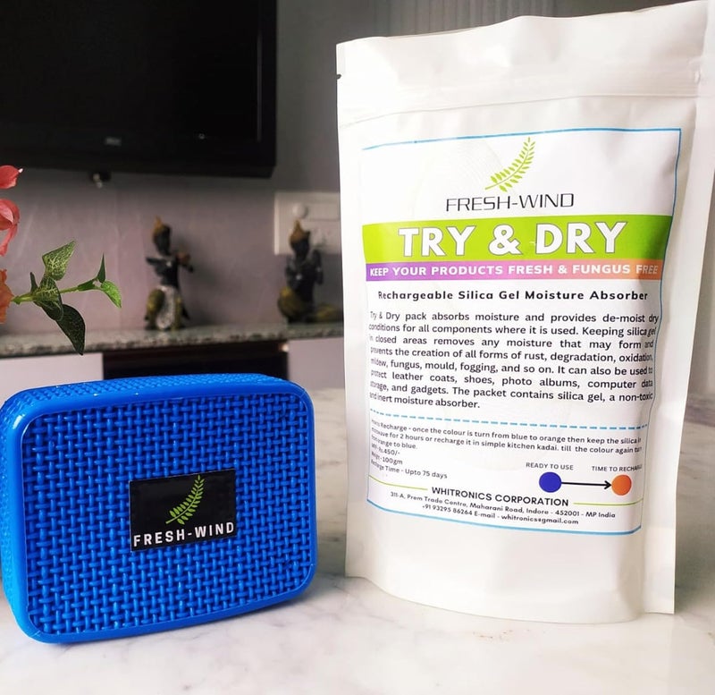 Freshwind Try Dry 80gm each Indicating Silica Gel Desiccant Dehumidifier Reusable rechargeable Moisture Absorber box Car Closet Cabinet Bag Storage Box for air purify MULTICOLOUR PACK OF 10 - Image 1
