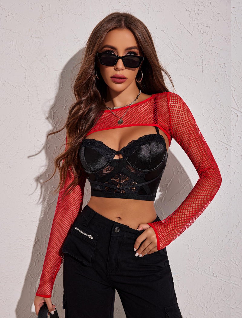 Avidlove Rave Outfits for Women Red Mesh Crop Top Long Sleeve Shirt Fishnet Top for Festival Club Party S - Image 4