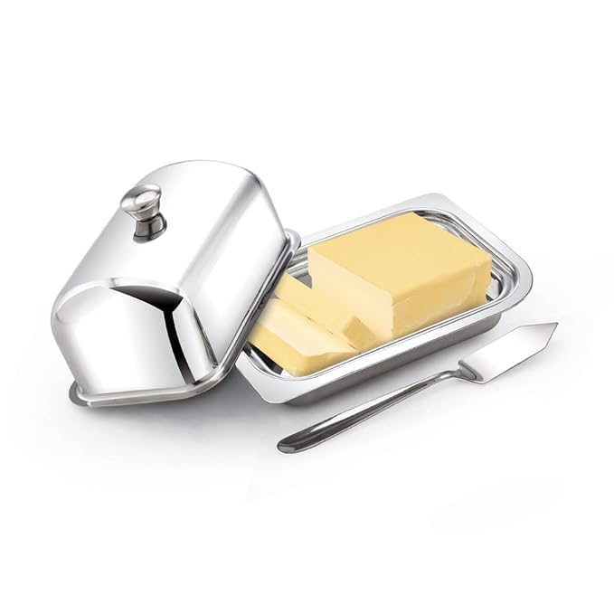 DiBha Butter Dish Fits One Stick of Butter | Ideal Butter & Coconut Butter in Fridge | Stainless Steel Covered Butter Dish Dishwasher Safe (Silver Color) - Image 1