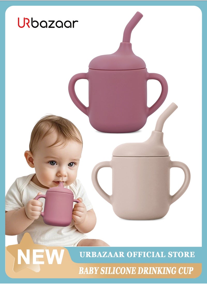 URbazaar 2 Pack Baby Training Cup 180ml, Silicone Sippy Cup with Handles, Lid and Straw, Spill Proof and Non-Slip Straw Cup for Babies and Toddler  - Image 1