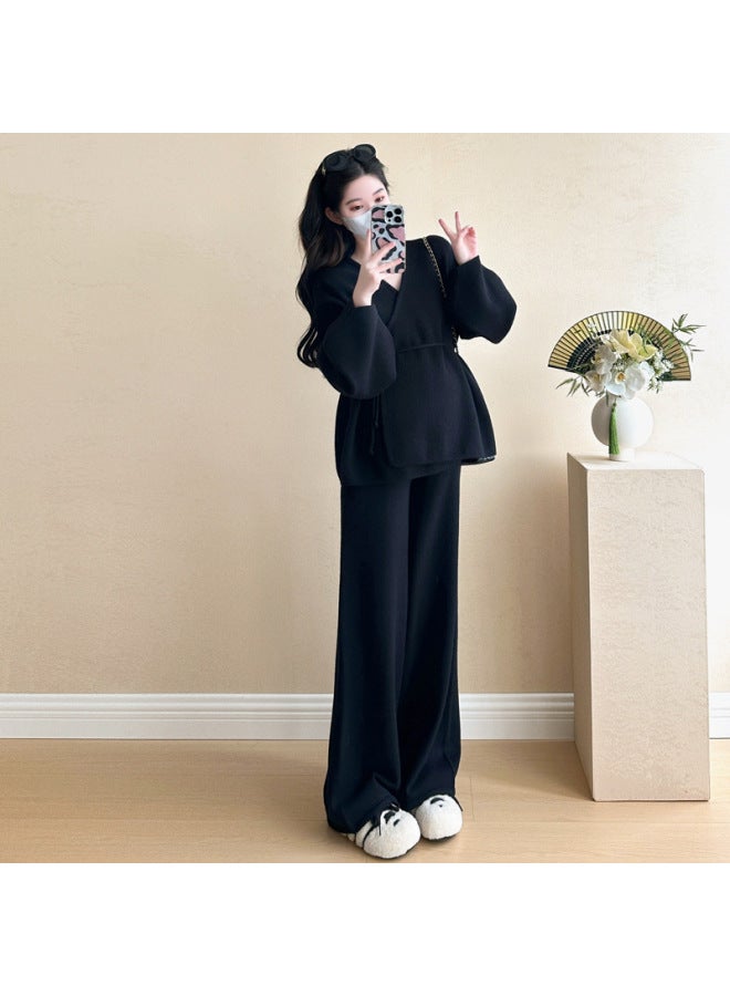 Pregnant Women Suit Autumn And Winter French High-end Sense Lantern Sleeve Sweater Wide-leg Pants Two-piece Set Winter Outfit Fashionable Hot Mom 