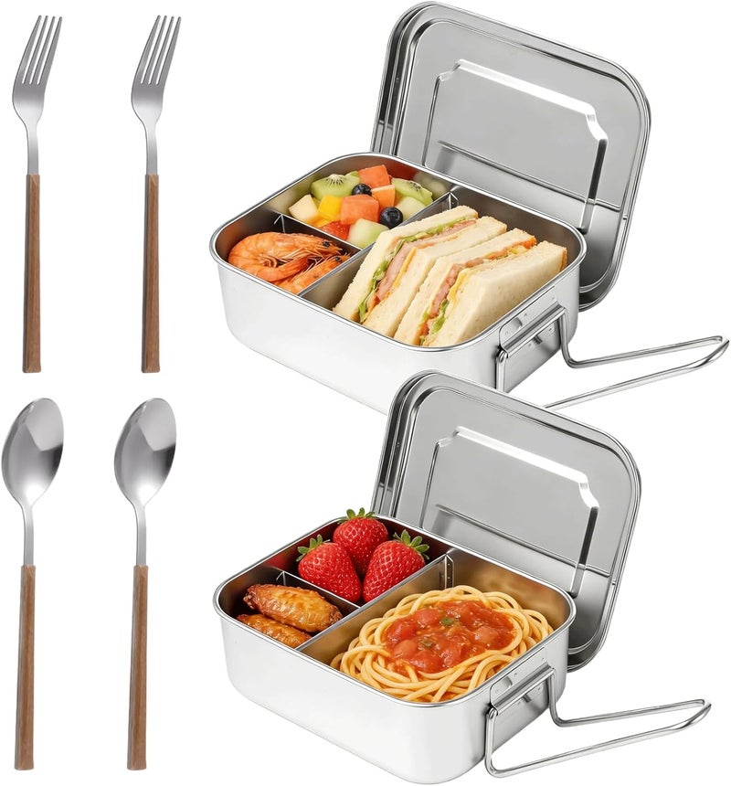 2-Pack 40 Oz Stainless Steel Box With Utensils, Leak Proof 3-Compartment Metal Lunch Container For Adults And Youngsters - Image 1