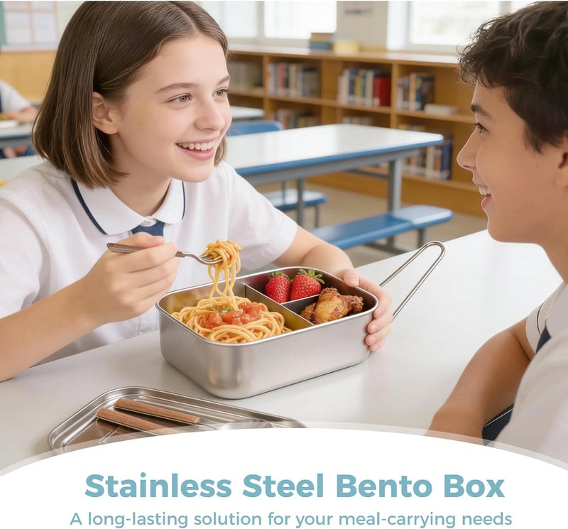 2-Pack 40 Oz Stainless Steel Box With Utensils, Leak Proof 3-Compartment Metal Lunch Container For Adults And Youngsters - Image 2