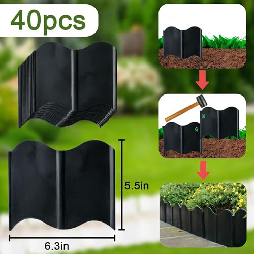 Orgrimmar 20 ft Garden Edging 40PCS Interlocking Landscaping Edging Kit, Plastic No-Dig Pound-in Garden Edge(20' Long x 5.3” Tall) - Black - Image 2
