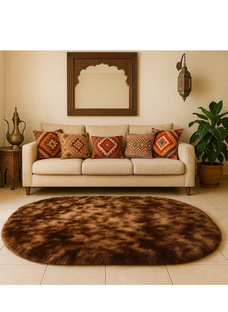 Bluejw 160 CM 1-Piece Bedroom Living Room Carpet Oval Dark Brown Oval Fluffy Bedside Carpet Fluffy Bedroom Rug, Small Oval Area Rugs Brown Shag Bedside Carpet for Kids Room Nursery Dorm Cute Fuzzy Indoor Decor for Boy and Girl - Image 2