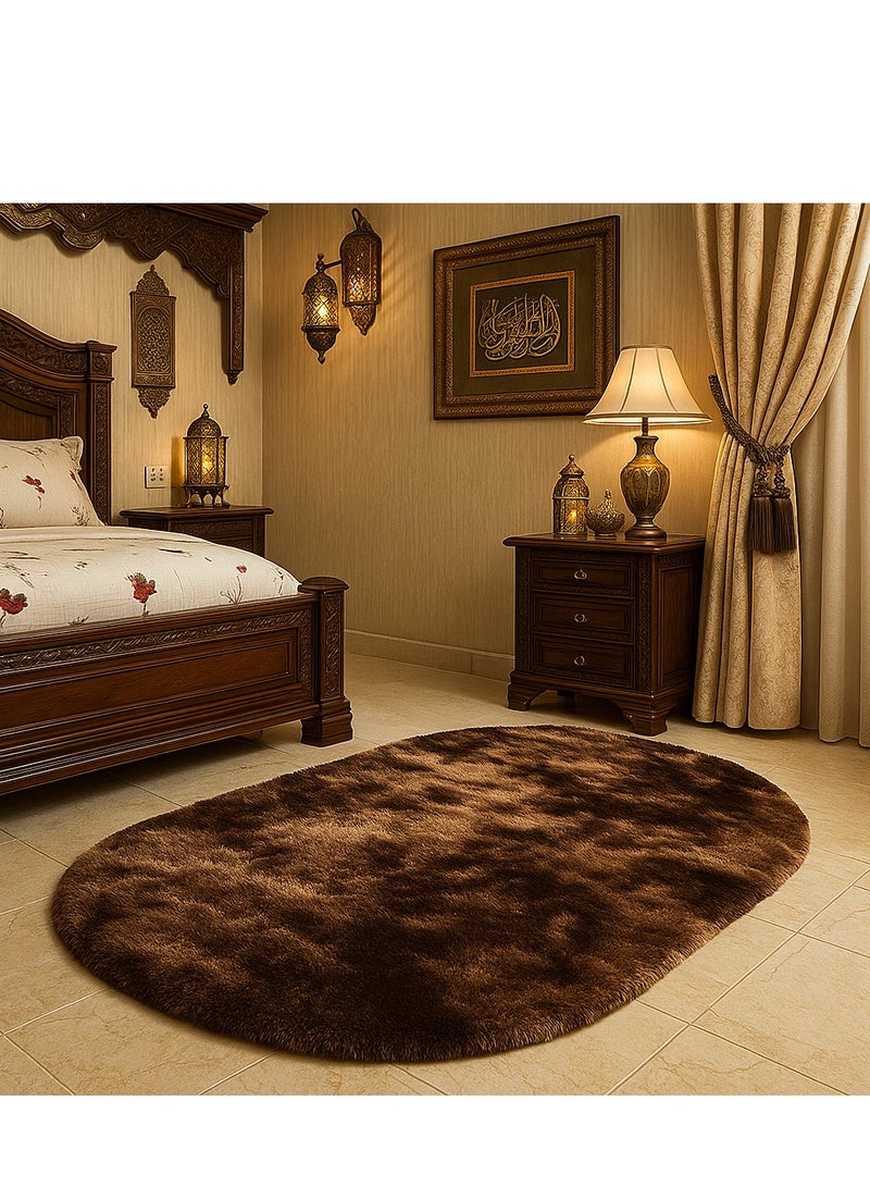 Bluejw 160 CM 1-Piece Bedroom Living Room Carpet Oval Dark Brown Oval Fluffy Bedside Carpet Fluffy Bedroom Rug, Small Oval Area Rugs Brown Shag Bedside Carpet for Kids Room Nursery Dorm Cute Fuzzy Indoor Decor for Boy and Girl - Image 1