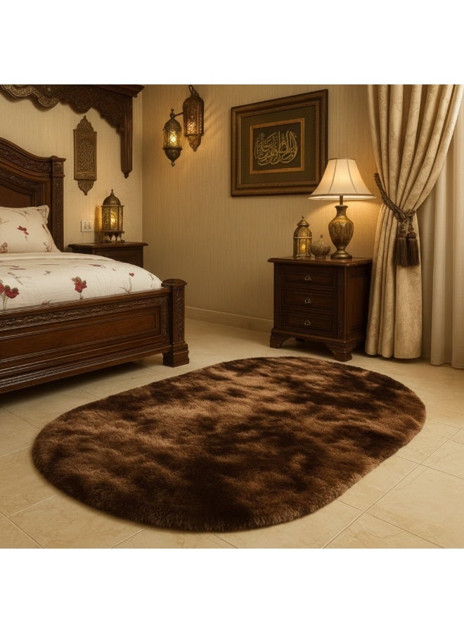 الأزرق جي دبليو سجادة غرفة نوم وغرفة معيشة 160 سم قطعة واحدة بيضاوية بنية داكنة سجادة سرير بيضاوية ناعمة سجادة غرفة نوم ناعمة، سجاد صغير بيضاوي، سجادة سرير بنية شعر طويل لغرفة الأطفال وغرفة الحضانة وديكور داخلي لطيف للأولاد والبنات - Image 1