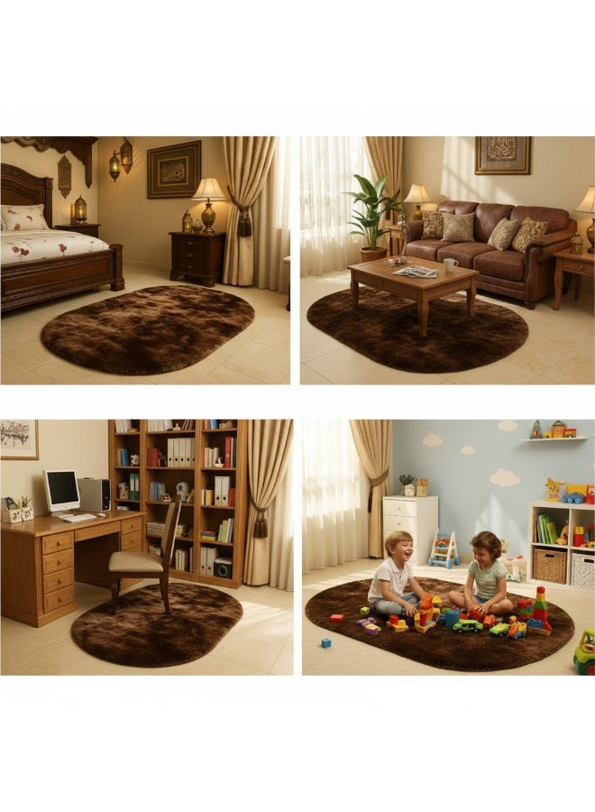 الأزرق جي دبليو سجادة غرفة نوم وغرفة معيشة 160 سم قطعة واحدة بيضاوية بنية داكنة سجادة سرير بيضاوية ناعمة سجادة غرفة نوم ناعمة، سجاد صغير بيضاوي، سجادة سرير بنية شعر طويل لغرفة الأطفال وغرفة الحضانة وديكور داخلي لطيف للأولاد والبنات - Image 4