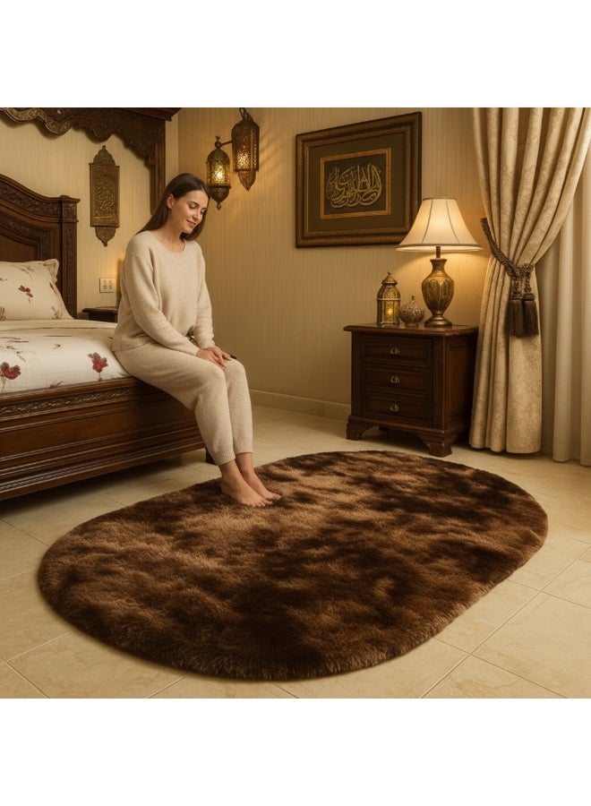 الأزرق جي دبليو سجادة غرفة نوم وغرفة معيشة 160 سم قطعة واحدة بيضاوية بنية داكنة سجادة سرير بيضاوية ناعمة سجادة غرفة نوم ناعمة، سجاد صغير بيضاوي، سجادة سرير بنية شعر طويل لغرفة الأطفال وغرفة الحضانة وديكور داخلي لطيف للأولاد والبنات - Image 5