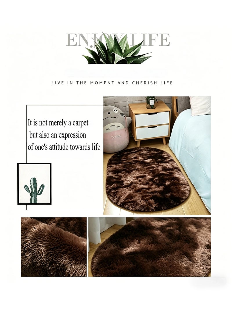 Bluejw 160 CM 1-Piece Bedroom Living Room Carpet Oval Dark Brown Oval Fluffy Bedside Carpet Fluffy Bedroom Rug, Small Oval Area Rugs Brown Shag Bedside Carpet for Kids Room Nursery Dorm Cute Fuzzy Indoor Decor for Boy and Girl - Image 5